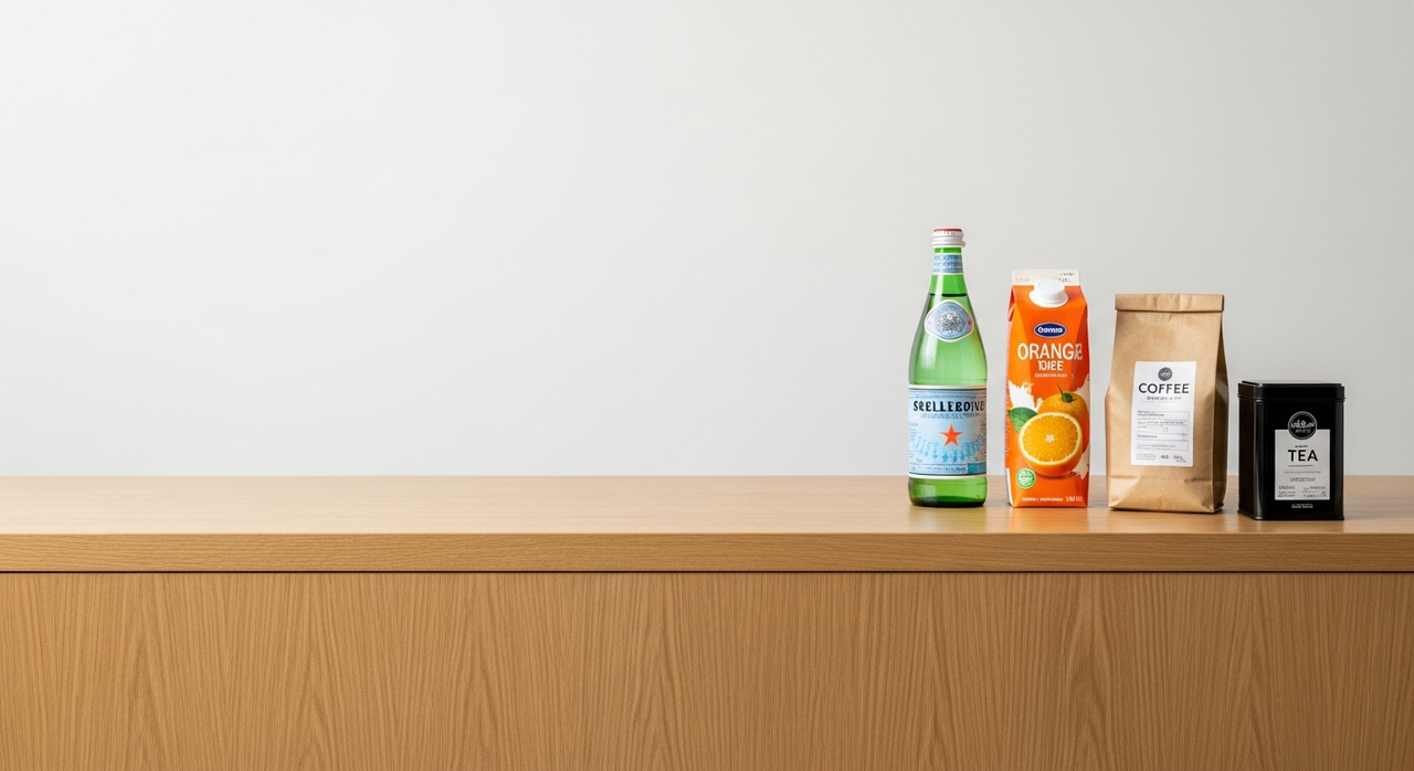 Water, juice, coffee, tea